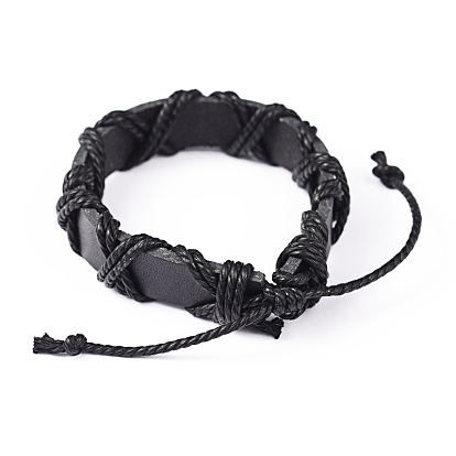 Adjustable Leather Cord Bracelets, with Waxed Cord, 60~68mm