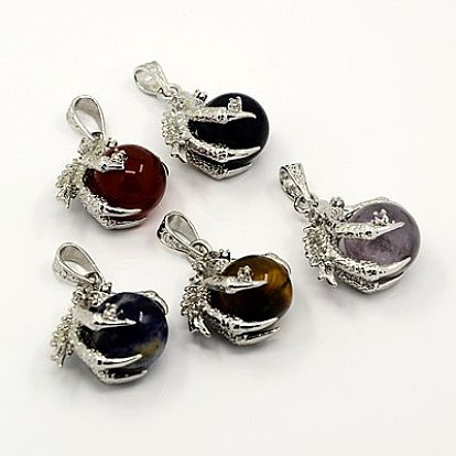 Gemstone Pendants, with Brass Findings, Talon with Round, Platinum Metal Color, 31x27x16mm, Hole: 5x9mm