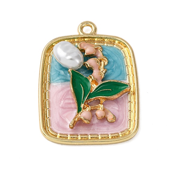 Подвески из эмали и сплава, с имитацией жемчуга и смолы., прямоугольник с цветочными подвесками, стойки покрытие, золотой свет