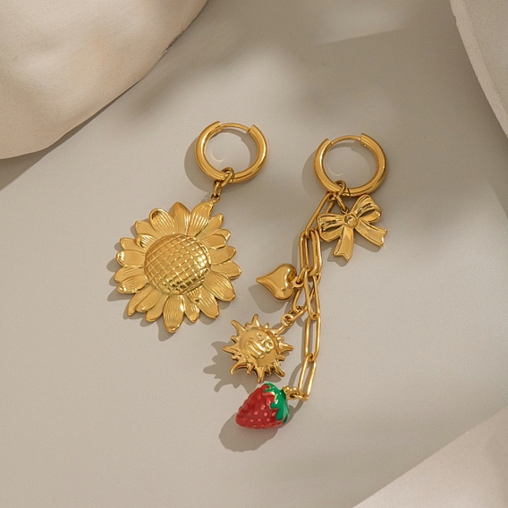 304 обруч серьги из нержавеющей стали эмаль, ионное покрытие (ip), подсолнух и солнце с клубникой, без кадмия, без никеля и без свинца, слева и справа