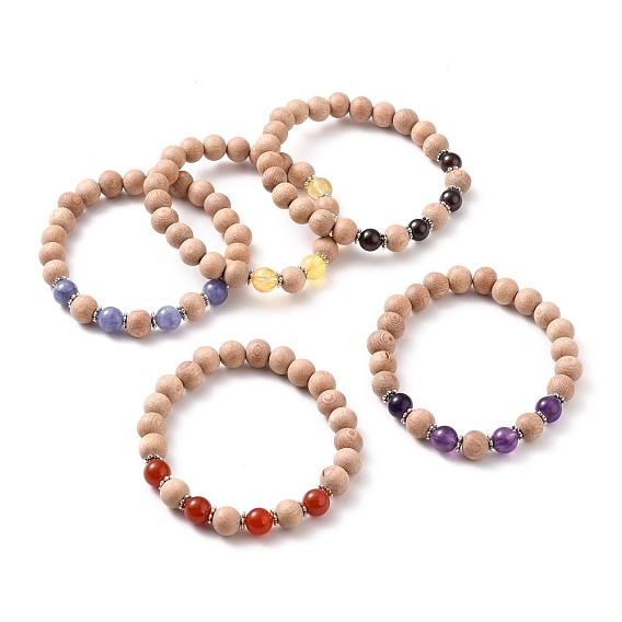 Runde natürlichen Edelstein Perlen Stretch-Armbänder, mit Naturholzperlen und Legierungsabstandsperlen