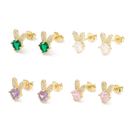 Серьга-гвоздик из латуни с кубическим цирконием, реальный 18 k позолоченный, кролик