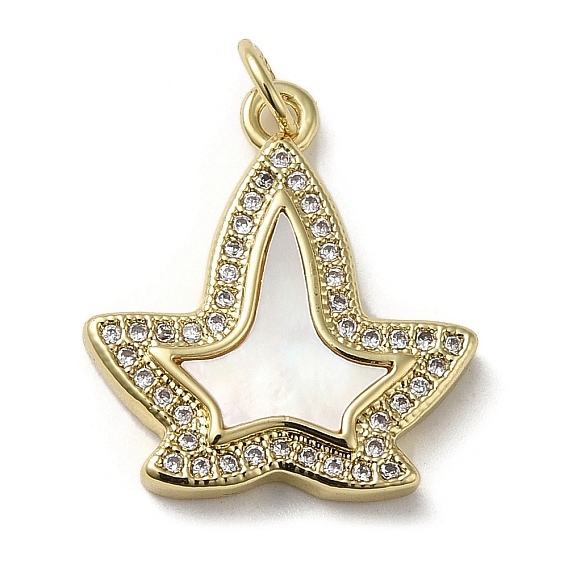 Brass Micro Pave Cubic Zirconia Pendants, Cadmium Free & Lead Free, with Shell, Starfish