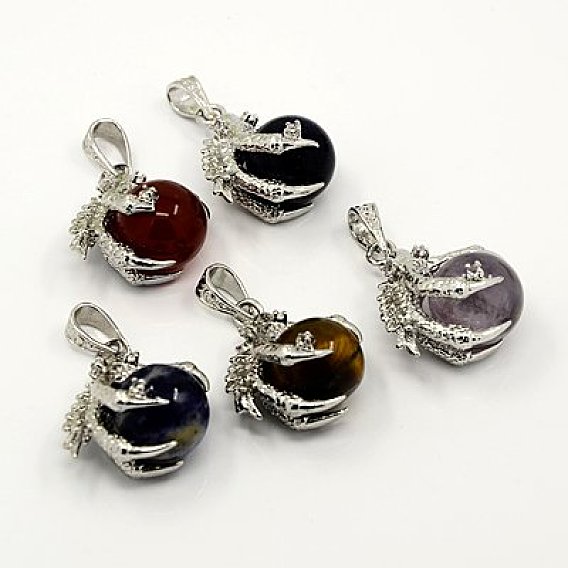 Gemstone Pendants, with Brass Findings, Talon with Round, Platinum Metal Color, 31x27x16mm, Hole: 5x9mm