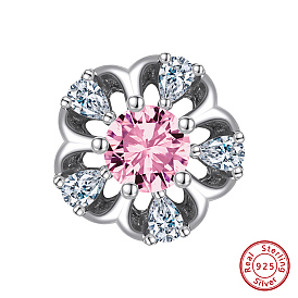 Rhodium Plated 925 Sterling Silver Beads, with Pink Cubic Zirconia, Flower