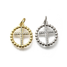 Латунные микро проложить кубического циркония подвески, плоские круглые с крестом, стойки покрытие, без кадмия и без свинца, долговечный, с целью перехода в кольце