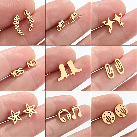 Stainless Steel Women's Stud Earrings with Fashionable Boots, Hat, Star and Paperclip Design