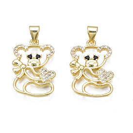 Brass Micro Pave Clear Cubic Zirconia Pendants, Nickel Free, Bear
