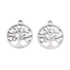 316 Surgical Stainless Steel Pendants, with Enamel, Flat Round with Tree of Life Charm, Ion Plating(IP)