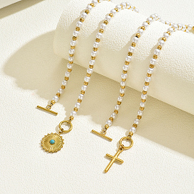 201 Винтажное ожерелье с подвеской-крестиком из искусственного жемчуга из нержавеющей стали для женщин