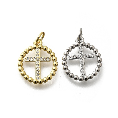 Латунные микро проложить кубического циркония подвески, плоские круглые с крестом, стойки покрытие, без кадмия и без свинца, долговечный, с целью перехода в кольце