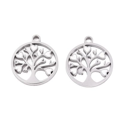 316 Surgical Stainless Steel Pendants, with Enamel, Flat Round with Tree of Life Charm, Ion Plating(IP)