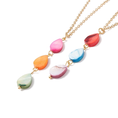 Natural Shell Teardrop Pendant Necklace with 304 Stainless Steel Chains for Women, Golden