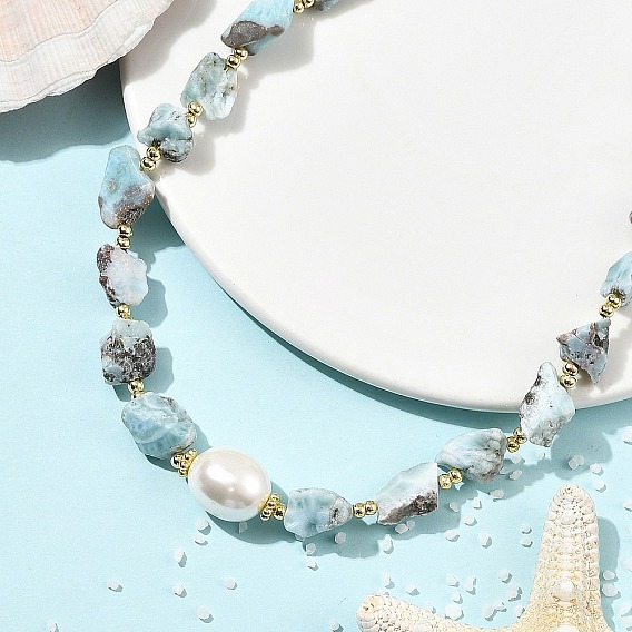 Raw Rough Natural Larimar Beaded Necklaces with Oval Shell Pearl for Women