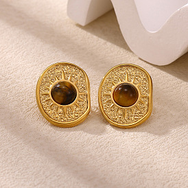 304 Ohrstecker aus Edelstahl und natürlichem Tigerauge, oval mit Sonnen