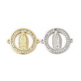 Brass Micro Pave Clear Cubic Zirconia Connector Charms, Flat Round Links with Virgin Pattern, Religion