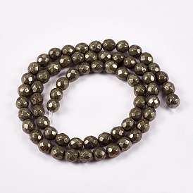 Natural Pyrite Round Beads Strands, Faceted