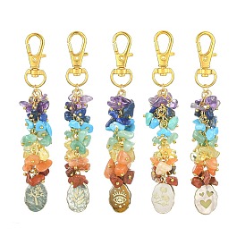 Chakra Gemstone Chips Pendant Decorations, with Alloy Swivel Lobster Claw Clasps and Gemstone Oval Charms with Golden Brass Edge