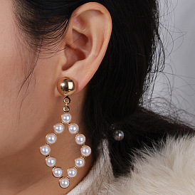 Fashionable Metal Diamond-shaped Earrings with Geometric Pearl Decoration for Women
