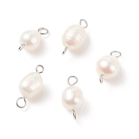 Natural Cultured Freshwater Pearl Beads Connector Charms, with 304 Stainless Steel Double Loops, White, Oval