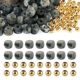50Pcs Natural Larvikite Beads, Faceted, Rondelle, with 50Pcs Golden Tone Brass Solid Round Beads