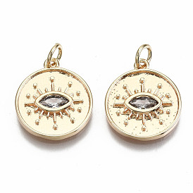 Brass Micro Pave Clear Cubic Zirconia Pendants, Nickel Free, Flat Round with Eye