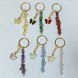 6Pcs 6 Styles, Resin Keychains, with Brass Micro Pave Cubic Zirconia Findings, Gemstone Beads and Iron Split Key Rings, Butterfly