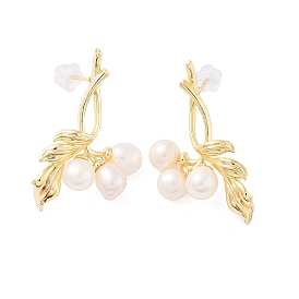 Natural Pearl Ear Studs, with Brass Findings and 925 Sterling Silver Pins, Cherry