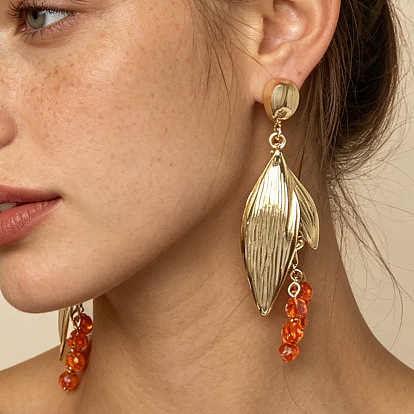 Zinc Alloy Leaf Stud Dangle Earrings with Rhinestone Tassel