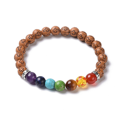 Imitation Wood Acrylic Beads Stretch Bracelets, with Resin Imitation Amber Beads, Natural & Synthetic Mixed Stone Beads and Alloy Findings