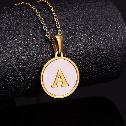 Natural Shell Initial Letter Pendant Necklace, with Golden Stainless Steel Cable Chains