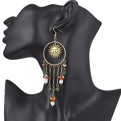 Golden 304 Stainless Steel Sun Chandelier Earrings, Lampwork Mushroom & Glass Nuggets Drop Earrings