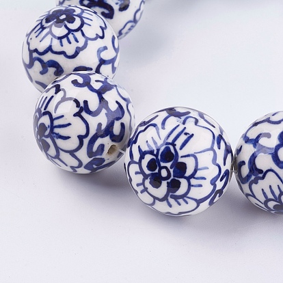Handmade Blue and White Porcelain Beads, Round with Flower