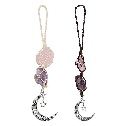 2шт. 2 стили подвесных подвесных украшений из натурального аметиста и розового кварца, Подвеска в виде луны в тибетском стиле для улицы и сада.