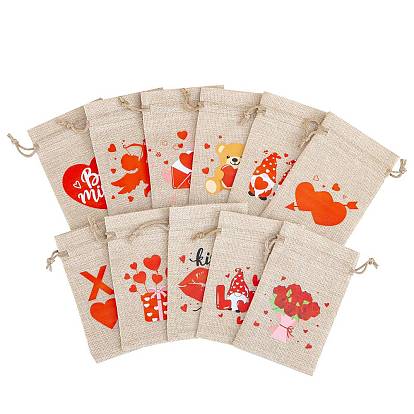 Valentine's Day Printed Burlap Drawstring Pouches, Red, Rectangle