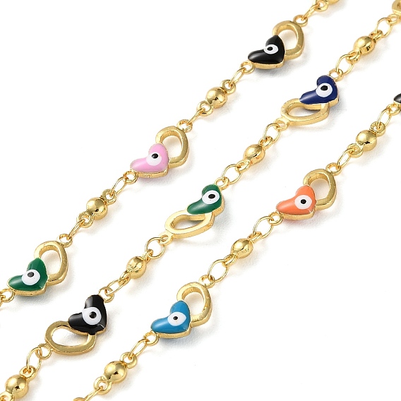 Heart with Evil Eyes Brass Enamel Link Chains, Cadmium Free & Lead Free, Real 18K Gold Plated, Soldered, with Spools, Long-Lasting Plated