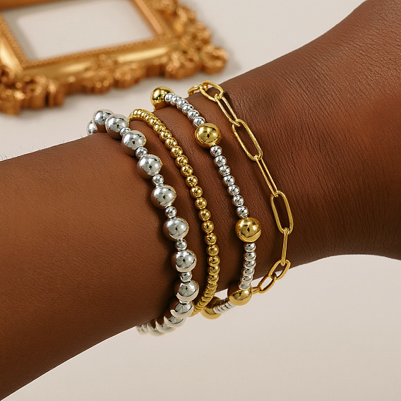 4 шт. 4 браслеты из латунных круглых бусин и эластичные браслеты 304 браслеты из нержавеющей стали в виде цепочек-скрепок для женщин
