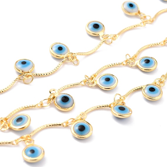 Handmade Golden Brass Bar Link Chains, with Glass Charms and Spool, Soldered, Long-Lasting Plated, Flat Round with Evil Eye