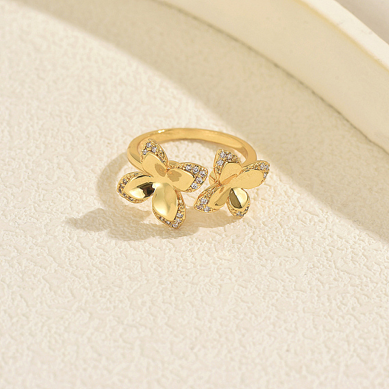 Brass Micro Pave Cubic Zirconia Cuff Open Rings for Women, Flower