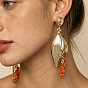 Zinc Alloy Leaf Stud Dangle Earrings with Rhinestone Tassel