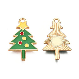 Christmas Theme, Alloy Enamel Pendants, Light Gold, Christmas Tree