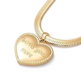 Heart with Word Love You More Pendant Necklace with Herringbone Chains, Ion Plating(IP) 304 Stainless Steel Jewelry for Women