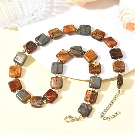 Ожерелья из квадратных бусин из натуральной полихромной яшмы, яшмы Пикассо., с синтетическими немагнитных гематита бисера, золотые