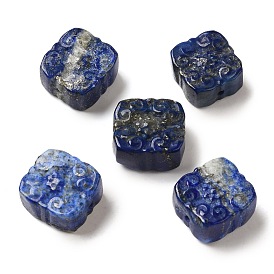 Natural Lapis Lazuli Beads, Square with Carved Flower