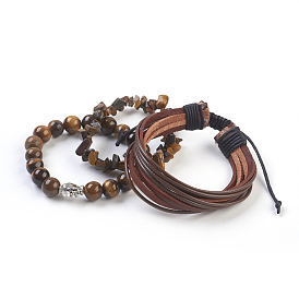 Bracelets oeil de tigre naturelles, avec cordon en cuir de vachette, cordon en polyester avec cire coréenne et perles en alliage 3 d tête de bouddha, avec boîte de papier
