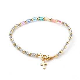 Pulsera de cuentas de semillas de vidrio para niña mujer, pulsera con colgante de cruz diminuta, dorado