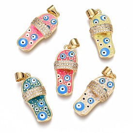 Brass Micro Pave Clear Cubic Zirconia Pendants, Long-Lasting Plated, Real 18K Gold Plated, with Enamel, Slipper with Eye Pattern