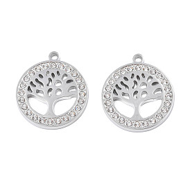 304 Stainless Steel Pendants, with Crystal Rhinestone, Ring with Tree