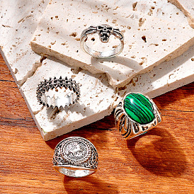 Комплекты колец из цинкового сплава с малахитом, череп, овал и лошадь