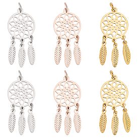 6 piezas 3 colores 304 colgantes de acero inoxidable, con anillos de salto, pulido, red / tela tejida con pluma